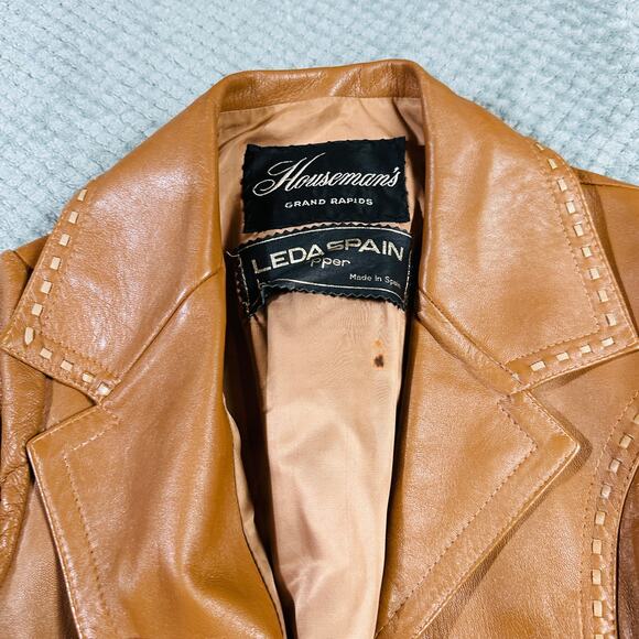 Beautiful Vintage Warm Brown 70s Leather Trench Coat Contrast Stitch LedaSpain - Picture 7 of 7